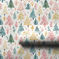 Whimsical Holiday Forest Gift Wrap, Pastel Christmas Tree Wrapping Paper, Watercolor Pine Wrapping Paper, Adorable Winter Present Paper Roll