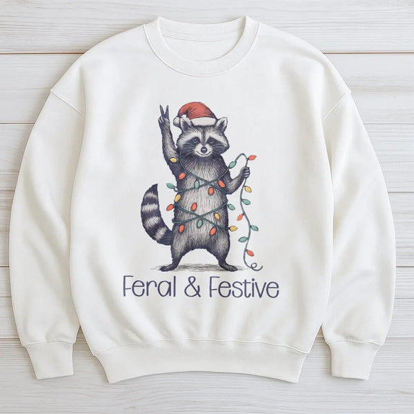 Humorous Woodland Animal Holiday Sweater, Feral and Festive Raccoon Christmas Sweatshirt, Retro Trash Panda Xmas Pullover Pre