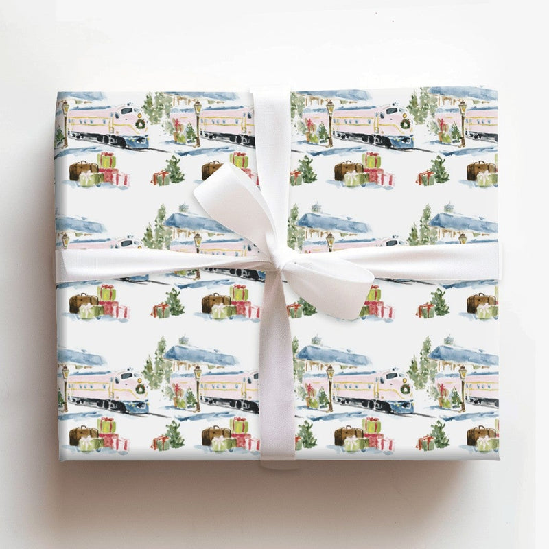 Watercolor Snowy Station Gift Wrap, Christmas Train Wrapping Paper, Vintage Holiday Train Wrapping Paper, Winter Gift Wrap, Pink Train Paper