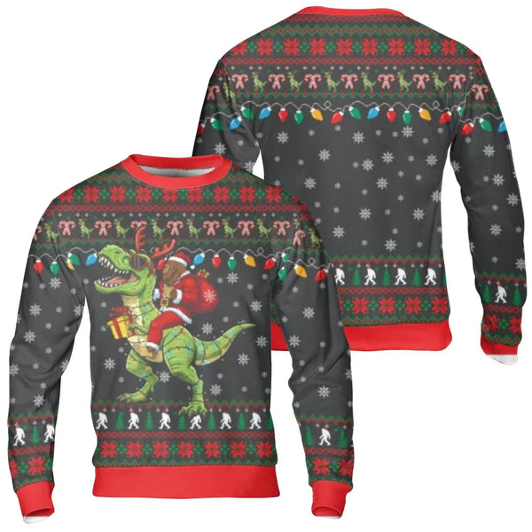 Humorous Sasquatch Dinosaur Holiday Sweater, Bigfoot Riding T-Rex Ugly Christmas Sweatshirt, Cryptid Xmas Crewneck, Humorous 