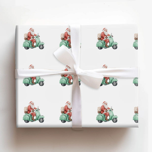 Mint Green Holiday Gift Wrap, Retro Santa Scooter Wrapping Paper, Adorable Christmas Wrapping Paper, Whimsical Winter Wrappin
