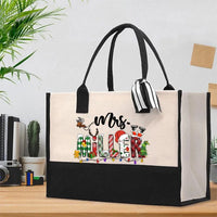 Elk Snowman Gingerbread Cotton Bag, Personalized Christmas Tote Bag, Custom Name Holiday Tote Bag, Festive Reusable Canvas Shopper