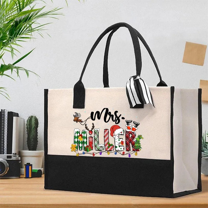 Elk Snowman Gingerbread Cotton Bag, Personalized Christmas Tote Bag, Custom Name Holiday Tote Bag, Festive Reusable Canvas Shopper