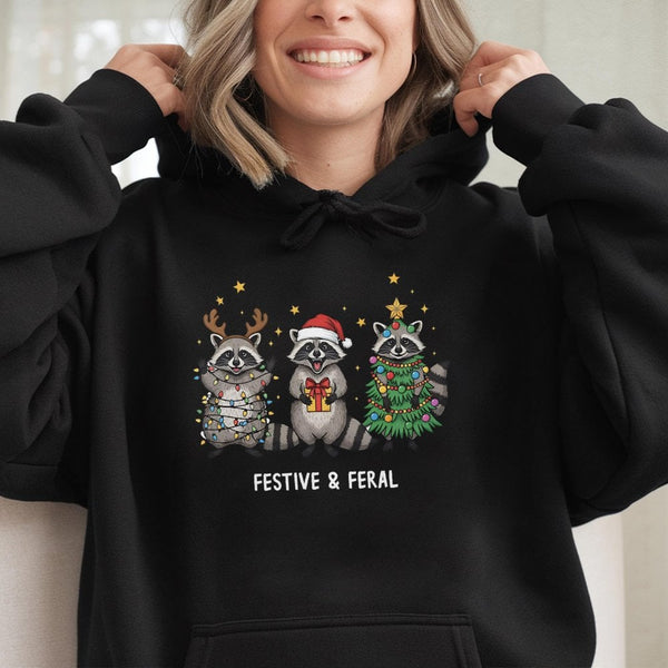 Humorous Christmas Animal Hoodie, Festive and Feral Raccoon Hoodie, Adorable Trash Panda Holiday Sweatshirt, Retro Raccoon Xm