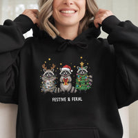 Humorous Christmas Animal Hoodie, Festive and Feral Raccoon Hoodie, Adorable Trash Panda Holiday Sweatshirt, Retro Raccoon Xmas Pullover Present