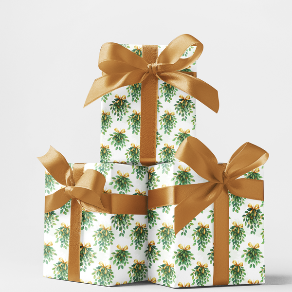 Botanical Gold Bow Gift Wrap Paper, Mistletoe Christmas Wrapping Paper, Elegant Holiday Wrapping Paper Roll, Xmas Present Gif