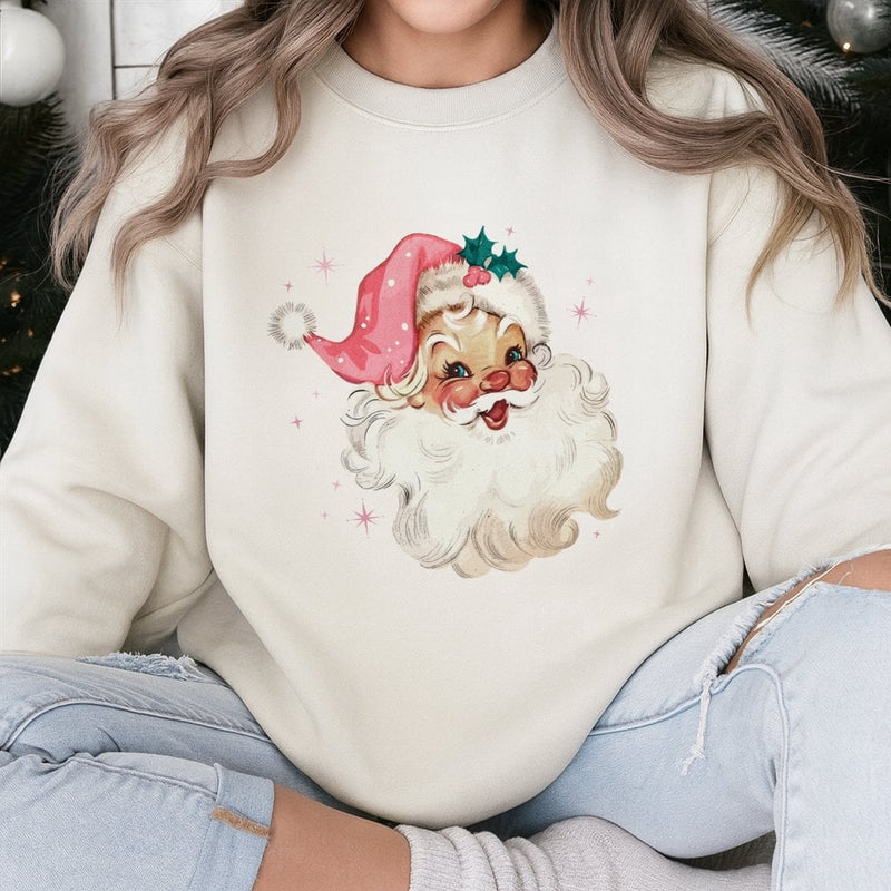 Retro Christmas Sweatshirt, Pink Santa Sweatshirt, Adorable Holiday Graphic Crewneck, Vintage Santa Xmas Pullover, Pink Santa Sweatshirt Present