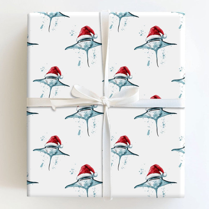 Ocean Santa Hat Gift Wrap, Manta Ray Christmas Wrapping Paper, Marine Life Wrapping Paper Roll, Holiday Wrapping Paper