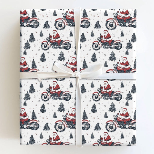 Pine Tree Biker Santa Gift Wrap, Red Motorcycle Santa Wrapping Paper, Festive Motorcycle Christmas Wrapping Paper, Biker Gift