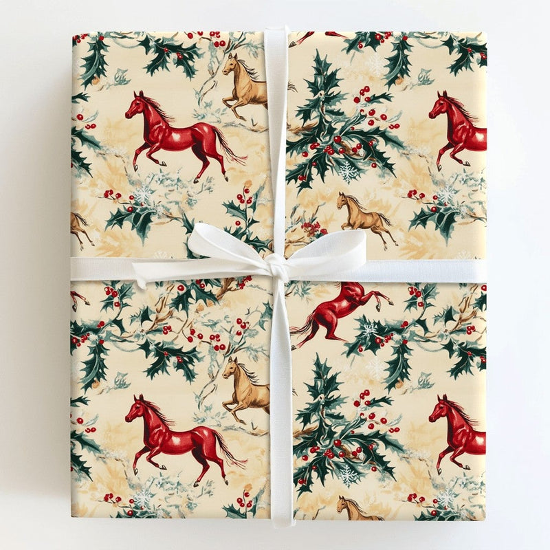 Equestrian Holiday Holly Gift Wrap, Vintage Horse Christmas Wrapping Paper, Country Snowflake Wrapping Paper, Horse Lover Present