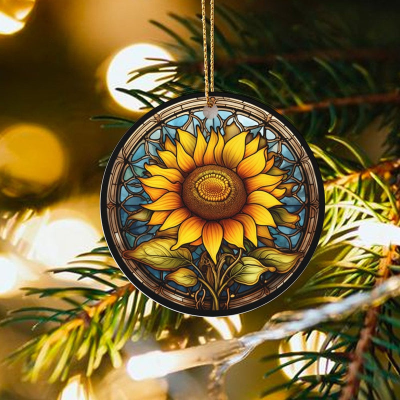 Floral Ceramic Christmas Ornament, Stained Glass Sunflower Ornament, Hanging Botanical Tree Decor, Keepsake Present for Flower Lovers