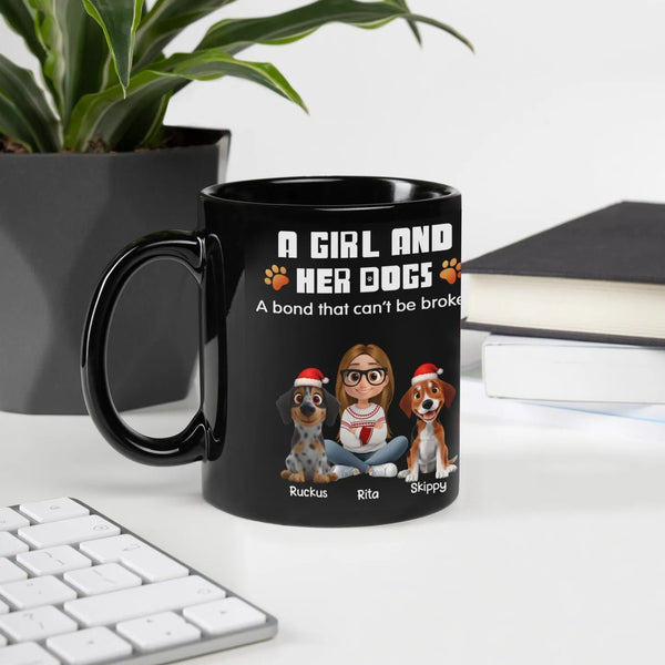Girl and Her Dogs Santa Hat Coffee Mug, Custom Christmas Dog Mom Ceramic Mug, Adorable Pet Holiday Coffee Cup, Dog Lover Xmas