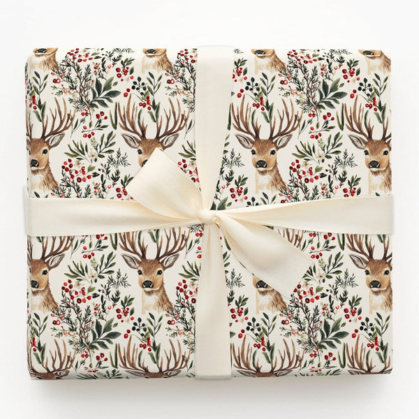 Woodland Stag Christmas Gift Wrap, Watercolor Deer Wrapping Paper, Rustic Holly Berry Wrapping Paper, Winter Forest Holiday G
