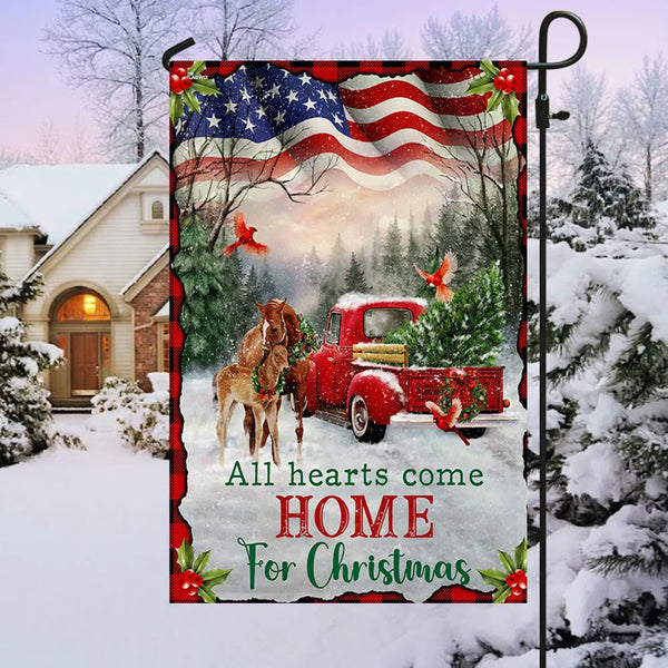 All Hearts Come Home Patriotic Yard Flag, Christmas Horse Garden Flag, Double-Sided Holiday Outdoor Decor, Winter Farm Lawn B