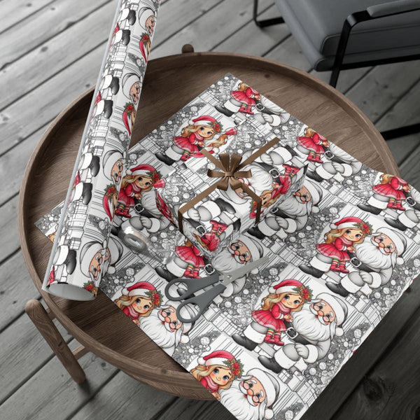 Christmas Line Art Gift Wrap, Santa and Girl Coloring Book Wrapping Paper, Santa Claus Holiday Wrapping Paper, Kids Xmas Wrap