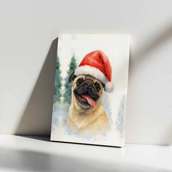 Watercolor Santa Hat Puppy Canvas Print, Christmas Pug Canvas Art, Festive Dog Wall Art, Holiday Animal Canvas Decor, Present