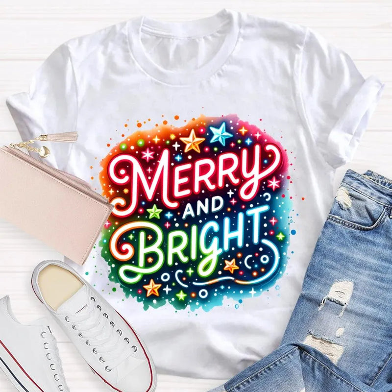 Colorful Retro Holiday Graphic Tee, Merry and Bright Tie Dye Christmas Shirt, Rainbow Xmas T-Shirt, Matching Holiday Outfit