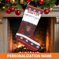 Rustic Farmhouse Holiday Stocking, Personalized Cow Christmas Stocking, Custom Name Cattle Stocking, Western Family Christmas Stocking