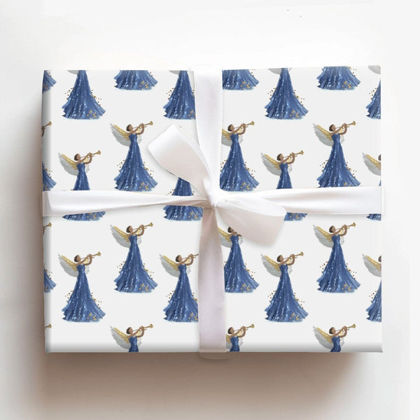 African American Angel Gift Wrap, Black Angel Christmas Wrapping Paper, Gold Trumpet Holiday Paper, Religious Xmas Gift Wrapp