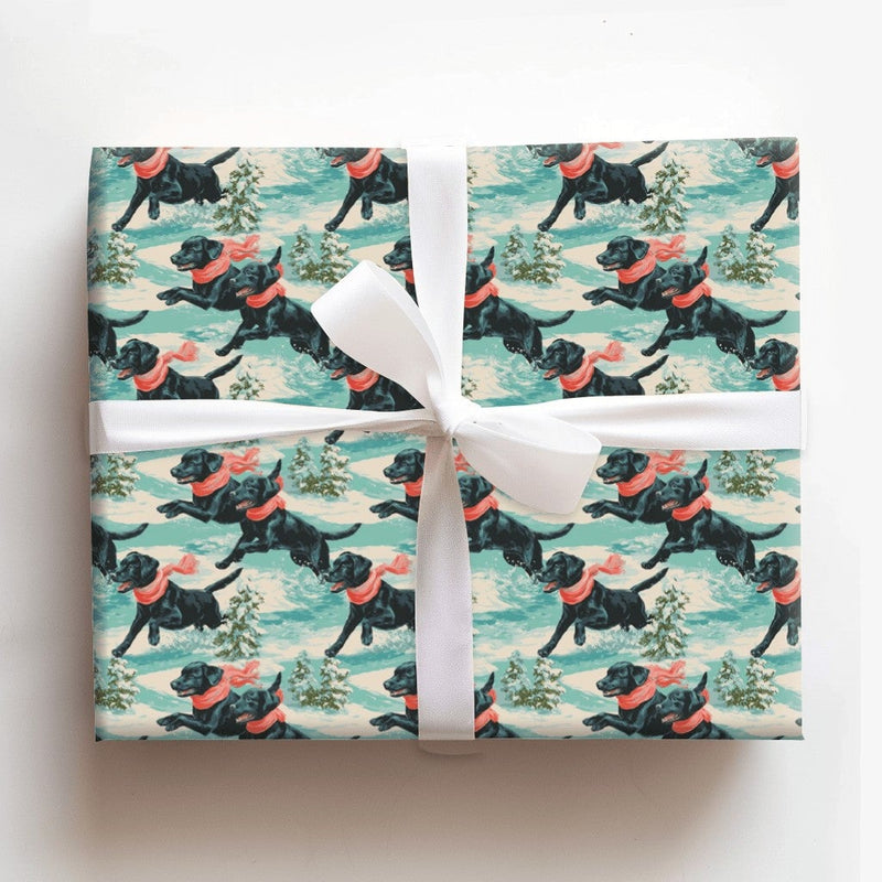 Snowy Christmas Dog Gift Wrap, Black Labrador Wrapping Paper, Winter Landscape Wrapping Paper, Holiday Dog Lover Gift Wrapping Paper