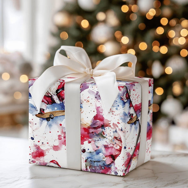 Watercolor Skater Santa Gift Wrap, Splatter Skateboarding Santa Wrapping Paper, Fun Christmas Present Wrap, Artistic Holiday 
