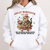 Jolly Biscuits Club Holiday Graphic Hoodie, Christmas Cat Baking Hoodie, Humorous Cat Lover Xmas Pullover, Adorable Kitty Baker Winter Hoodie