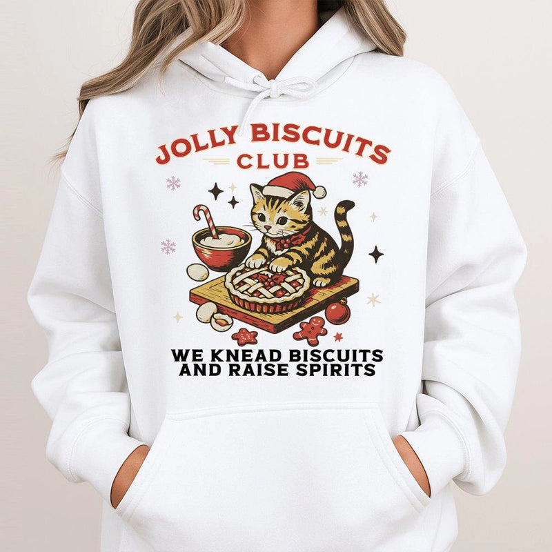 Jolly Biscuits Club Holiday Graphic Hoodie, Christmas Cat Baking Hoodie, Humorous Cat Lover Xmas Pullover, Adorable Kitty Baker Winter Hoodie