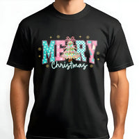 Coquette Aesthetic Pink Tree Shirt, Merry Christmas T-Shirt, Checkered Holiday Bow Tee, Adorable Festive Xmas Graphic T-Shirt for Her