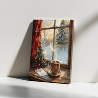 Snowy Landscape and Coffee Print, Comfy Christmas Window Canvas Wall Art, Festive Holiday Canvas Decor, Winter Season Wall Art Present for Home