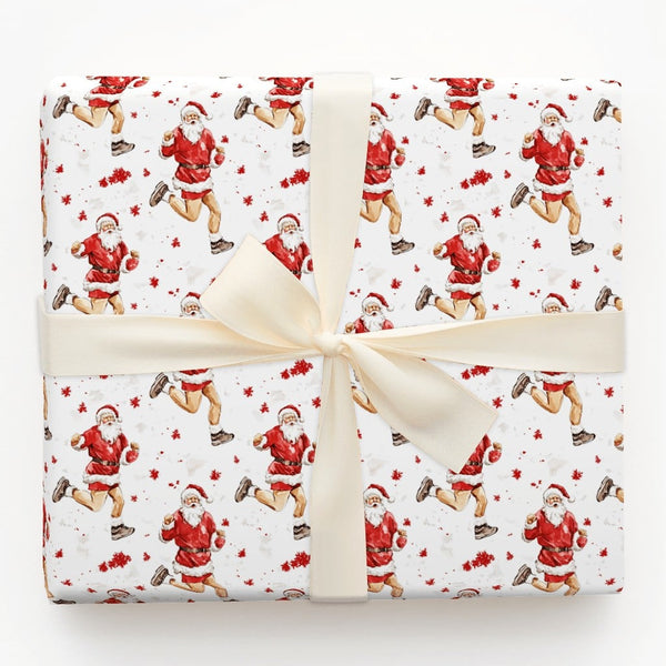 Jogging Santa Claus Gift Wrap, Running Santa Wrapping Paper, Humorous Fitness Santa Holiday Wrap, Adorable Christmas Present 