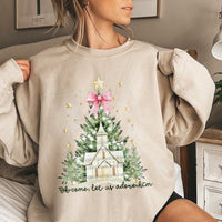 Watercolor Church Christmas Tree Crewneck, Oh Come Let Us Adore Him Sweatshirt, Christian Nativity Faith Holiday Pullover