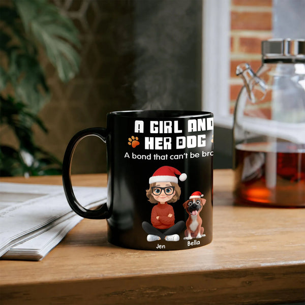 Girl and Dog Santa Hats Christmas Mug, Personalized Dog Mom Ceramic Mug, Custom Holiday Pet Coffee Cup, Xmas Present for Dog 