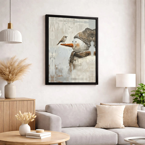Adorable Winter Bird Canvas Print, Whimsical Snowman Canvas Wall Art, Holiday Snowman Canvas Art, Festive Farmhouse Wall Deco