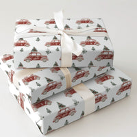 Classic Holiday Tree Gift Wrap, Vintage Red Car Christmas Wrapping Paper, Retro Auto Christmas Wrapping Paper, Seasonal Present Packaging