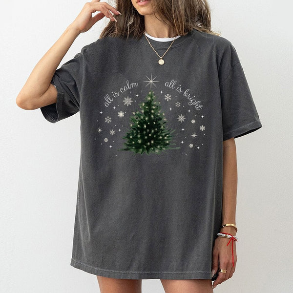 Watercolor Christmas Tree Graphic Tee, All Is Calm All Is Bright Shirt, Minimalist Holiday T-Shirt, Winter Tree Xmas Shirt, H