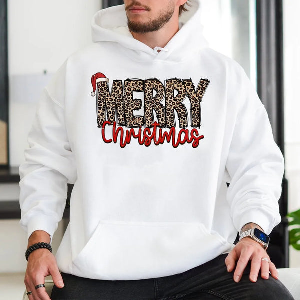 Festive Santa Hat Graphic Sweatshirt, Merry Christmas Leopard Print Hoodie, Adorable Cheetah Holiday Pullover, Winter Hooded 
