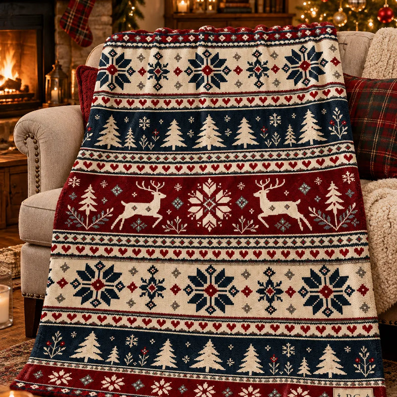 Nordic Snowflake Sherpa Throw Blanket, Fair Isle Reindeer Christmas Blanket, Scandinavian Winter Couch Blanket, Holiday Fleece Blanket Present