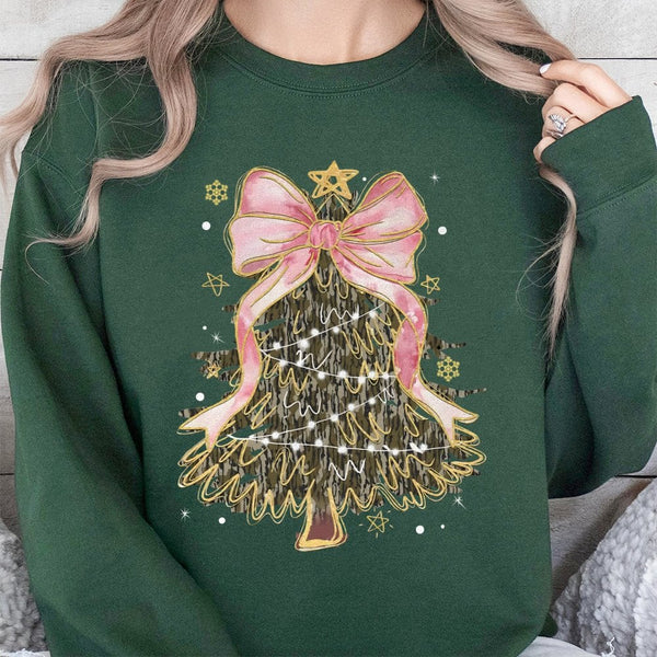Pink Coquette Bow Holiday Sweater, Camo Christmas Tree Sweatshirt, Camouflage Christmas Crewneck, Adorable Winter Pullover, X