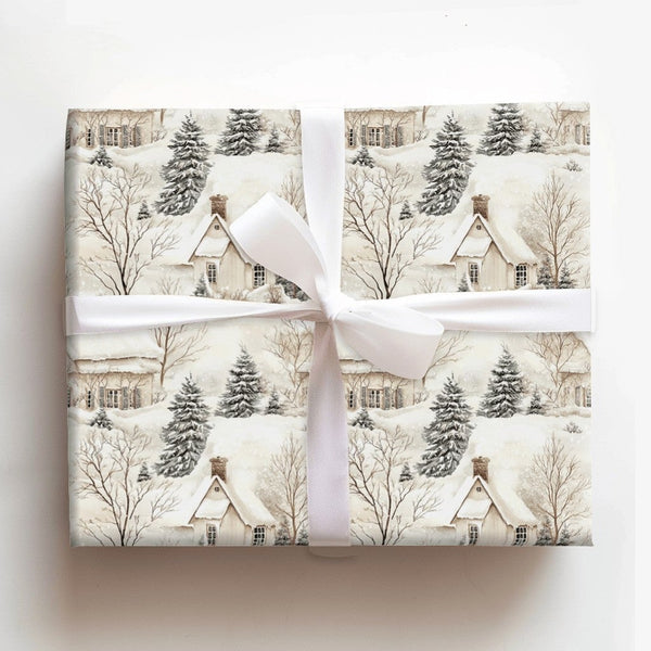 Watercolor Winter Cottage Gift Wrap, Snowy Village Christmas Wrapping Paper, Comfy Scenery Gift Wrapping Paper, Holiday Seaso