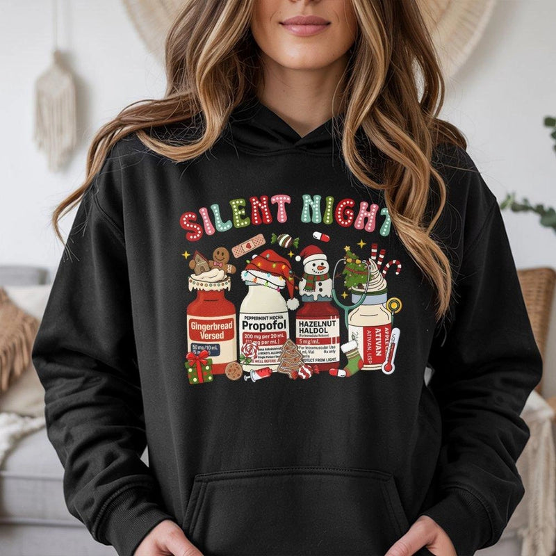 Humorous Medical Christmas Hoodie, Silent Night Medicine Vial Hoodie, Healthcare Worker Hoodie, Adorable Nurse Hooded Sweatshirt, Holiday RN Present