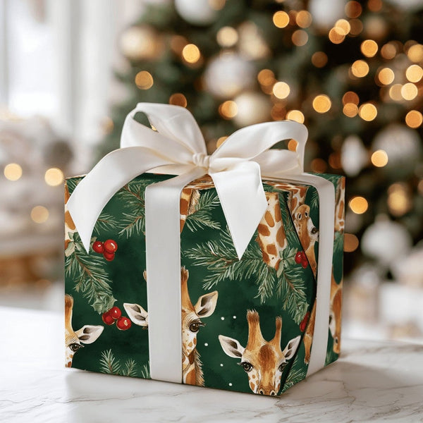 Watercolor Safari Giraffe Gift Wrap, Christmas Giraffe Wrapping Paper, Festive Giraffe Wrapping Paper, Dark Green Pine Holida