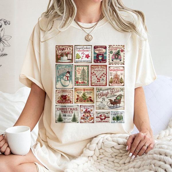 Retro Holiday Stamp Shirt, Vintage Christmas Stamp T-Shirt, Festive Postage Collage Graphic Tee, Comfy Winter Christmas T-Shi