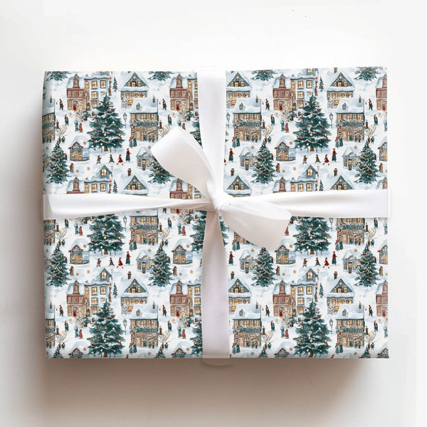 Nostalgic Winter Town Holiday Gift Wrap, Snowy Christmas Village Wrapping Paper, Classic Xmas Wrapping Paper Roll, Festive Ho