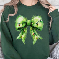 Christmas Lights Coquette Holiday Sweatshirt, Furry Green Bow Sweatshirt, Adorable Xmas Aesthetic Crewneck, Festive Winter Pullover Sweatshirt