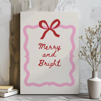 Christmas Red Bow Canvas Print, Merry and Bright Canvas Wall Art, Minimalist Holiday Canvas Poster, Winter Living Room Wall Decor Present