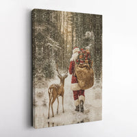Reindeer Snowy Forest Canvas Print, Santa Claus Canvas Wall Art, Vintage Christmas Wall Art, Holiday Season Canvas, Winter Home Decor