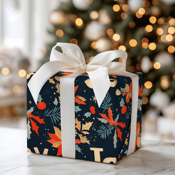 Navy Holly Botanical Holiday Wrapping Paper, Joy Poinsettia Christmas Wrapping Paper, Floral Winter Gift Wrap, Elegant Xmas P