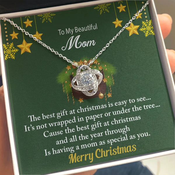 Mother Christmas Necklace, Love Knot Necklace for Mom, Love Knot Pendant Necklace, White Gold CZ Necklace, Holiday Keepsake P