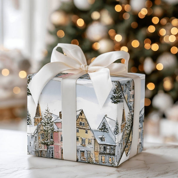 Quaint Holiday Town Gift Wrap, Watercolor Snowy European Village Wrapping Paper, Comfy Christmas Present Wrap, Festive Winter