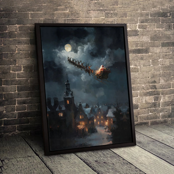 Snowy Christmas Village Print, Santa Sleigh Christmas Wall Art, Moonlit Santa Poster, Holiday Night Scene Decor, Xmas Digital